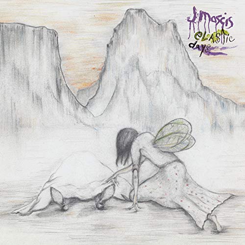 Pencil drawing of a figure with wings before large mountains.