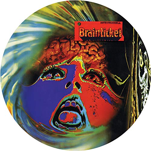 "Picture disc vinyl with surreal, colorful face and brain illustration, titled 'Brainticket - Cottonwoodhill'."