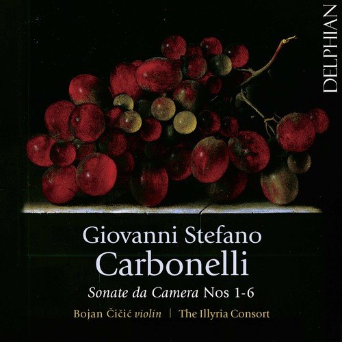"CD cover with a still life painting of red and green grapes."