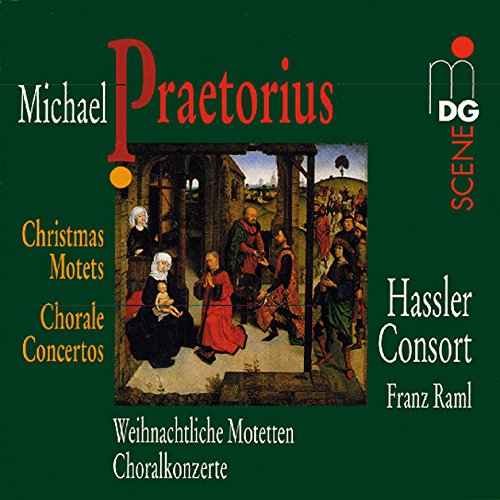 Dark green CD cover with a nativity scene painting and text.