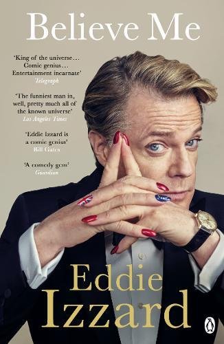 Book cover featuring Eddie Izzard with painted red nails, wearing a suit and watch.