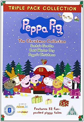 "Peppa Pig DVD cover featuring cartoon pigs in winter hats and scarves, snowy scene."