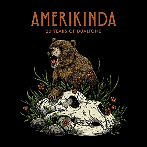 Bear standing on a skull amidst wildflowers, album cover art.