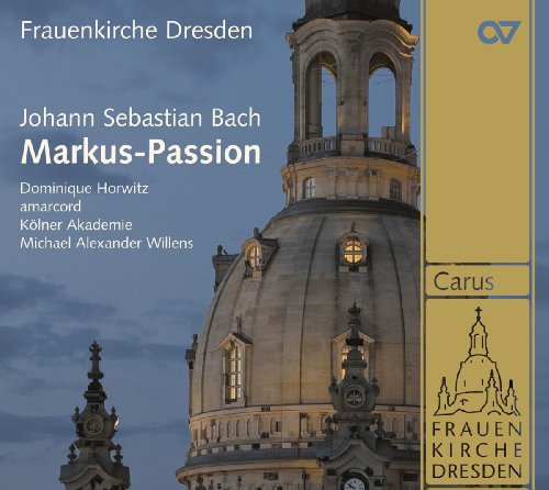 "CD cover featuring Frauenkirche Dresden with text about Johann Sebastian Bach's Markus-Passion."