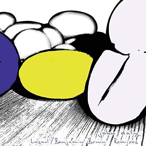 Abstract black and white illustration with blue and yellow shapes, vinyl record text.