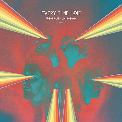 "Album cover with red and blue-toned band members and yellow spotlights."