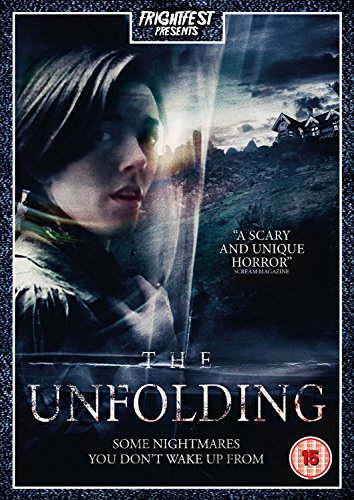DVD cover art for The Unfolding featuring a person's face and a dark house.