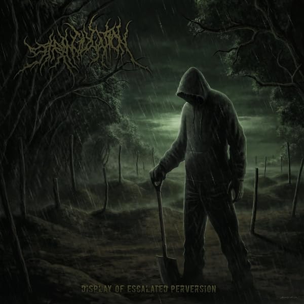 Hooded figure with shovel in a dark, rainy, wooded landscape.