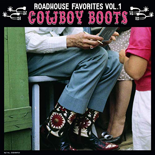 "Vinyl record cover with man wearing cowboy boots and a child beside him."