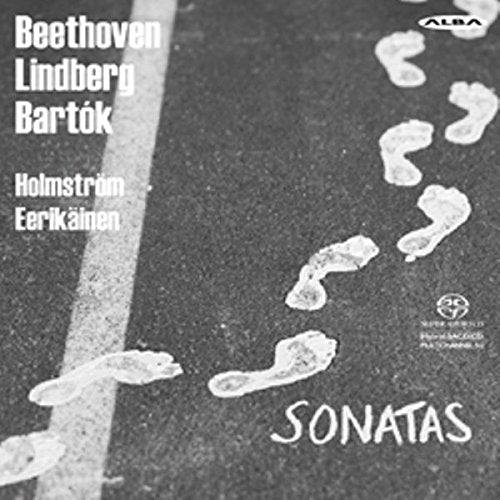 CD cover with composers’ names, footprints, and the title “Sonatas.”