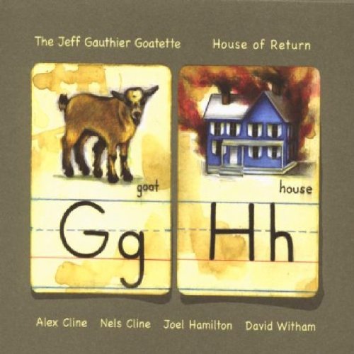 "Album cover with illustrations of a goat and a house on flashcard-style panels."