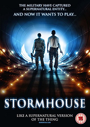 DVD cover for "Stormhouse" showing two figures in a glowing tunnel.