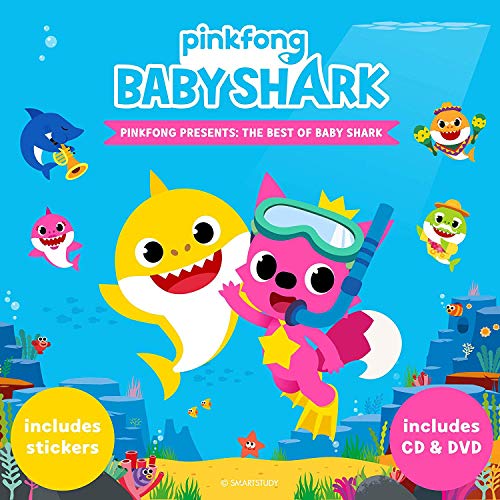 Baby Shark CD cover featuring cartoon sharks swimming in blue water.