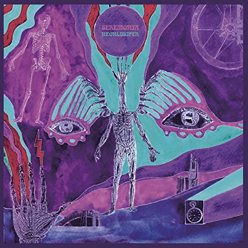 Surreal album cover with skeletal figures, eyes, and glowing purple tones.
