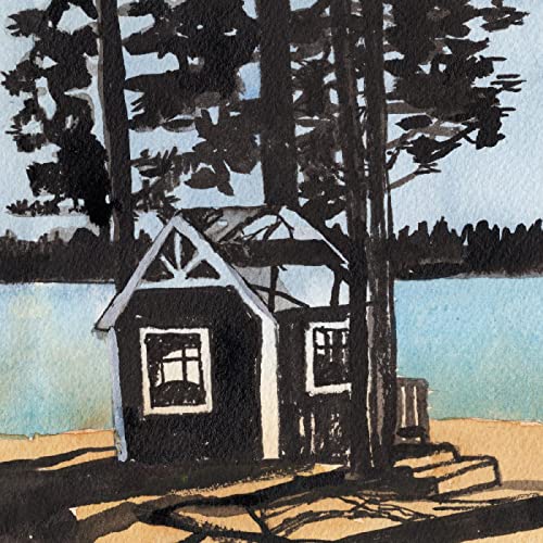 Ink wash painting of a small dark cabin amongst tall trees.