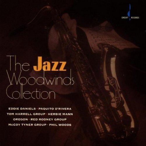 "CD cover featuring a saxophone and sheet music with 'The Jazz Woodwinds Collection' text."