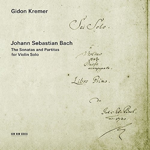 "CD cover with beige background, black text, and handwritten notes, featuring Gidon Kremer's Bach recording."