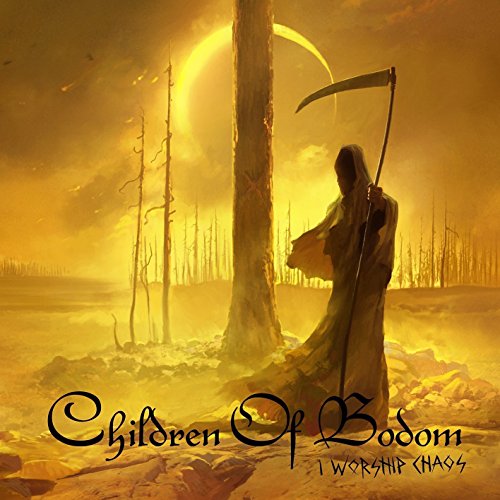 "Album cover with a hooded figure holding a scythe in a desolate landscape."