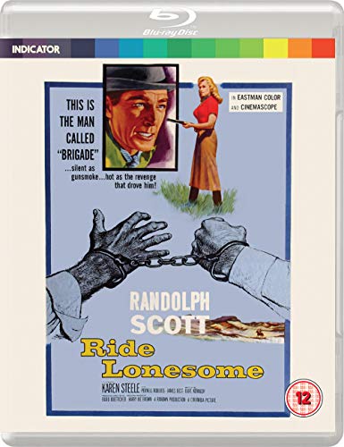Ride Lonesome" Blu-ray cover featuring Randolph Scott, handcuffs, and a woman with a rifle.