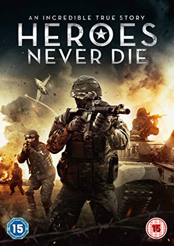 DVD cover for “Heroes Never Die” depicting soldiers in combat.