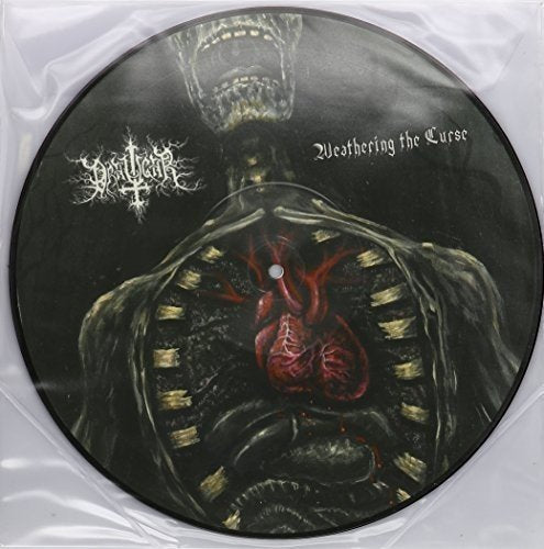 Black vinyl record with gothic imagery of a skeletal figure and heart.