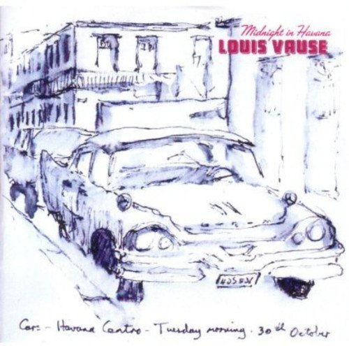"Album cover with a sketch of a vintage car in front of a building."