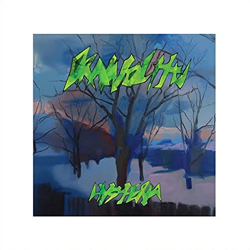 Vinyl album cover: painted trees with green “Hysteria” text.