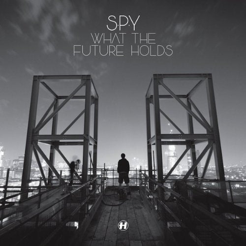 Black and white album cover with a person on a rooftop overlooking a city.