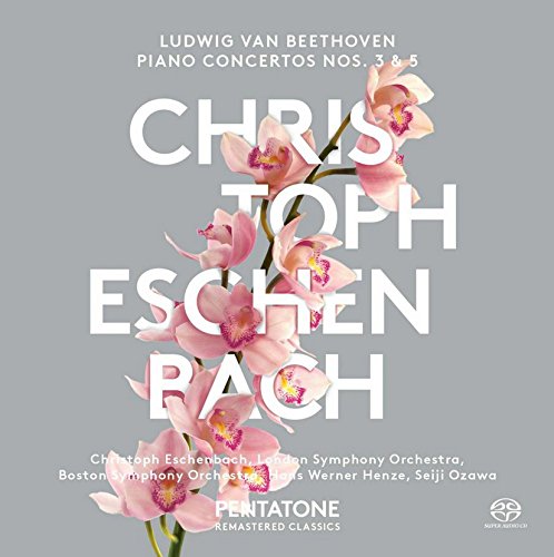Gray CD cover with pink orchids and white text, featuring Christoph Eschenbach's Beethoven piano concertos.