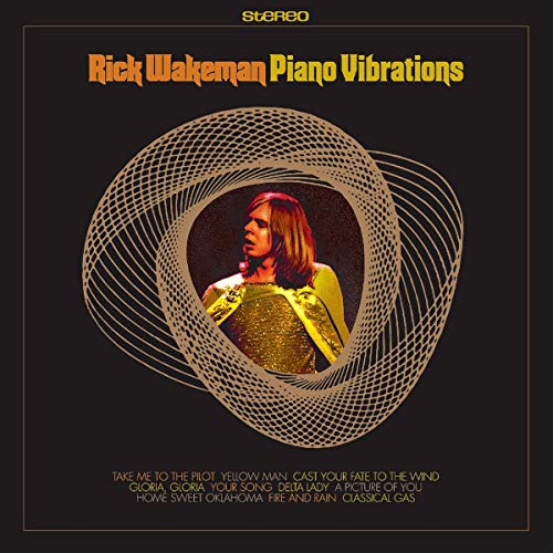 Vinyl album cover featuring Rick Wakeman playing piano, with swirling gold design on black background.