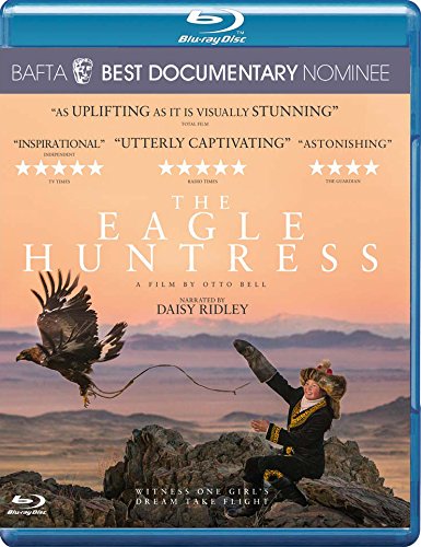 "Blu-ray case for 'The Eagle Huntress' showing a girl with an eagle on a cliff."