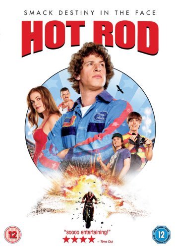 "DVD cover for 'Hot Rod' with a man in a blue mechanic's shirt and others."