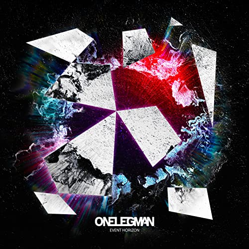 Abstract geometric shapes and colorful light bursts on a dark background.