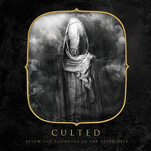 "Album cover featuring a hooded figure in a dark, grungy, gold-framed image."