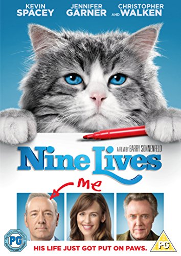 The image is a DVD cover for the movie "Nine Lives". #### Alt Text: Grey and white cat with blue eyes on a DVD cover.
