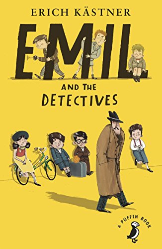 "Yellow book cover with cartoon children and a man, titled 'Emil and the Detectives'."