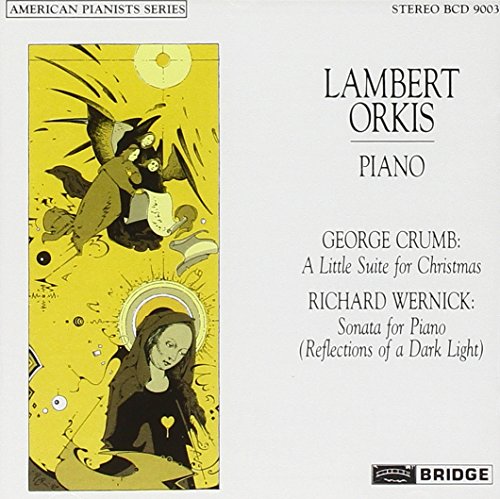 "Album cover with abstract illustration, yellow background, and text listing piano compositions."