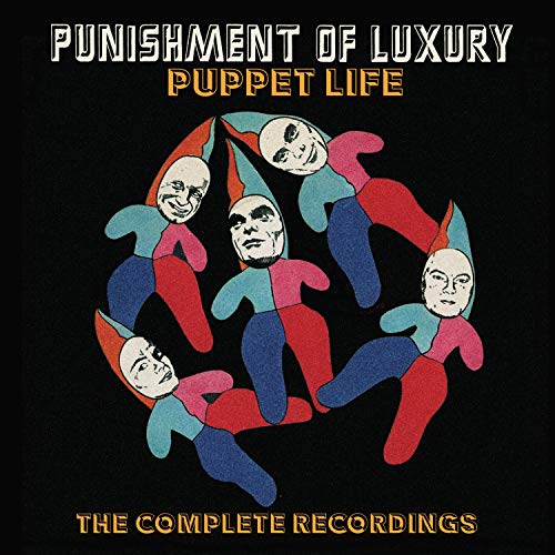 "Punishment of Luxury album cover featuring five jester puppets in a circular formation."