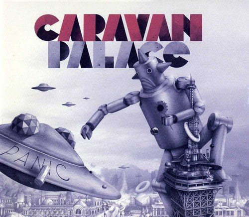 "Album cover featuring a robot on the Eiffel Tower with a UFO."