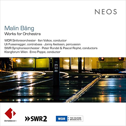 CD cover for Malin Bång’s orchestral works with a rainy cityscape.