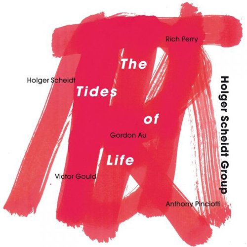 Album cover with red brush strokes and white text on a white background.