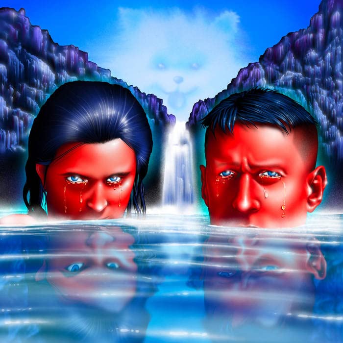 Two figures with tears emerge from water, reflected below a waterfall.