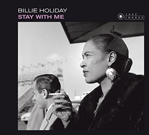 "CD cover featuring Billie Holiday singing into a microphone, with a drummer behind her."