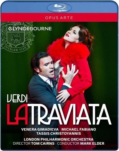 Blu-ray cover for "La Traviata" opera featuring two singers in costume.