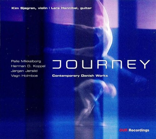 "CD cover with abstract blue background and white text reading 'Journey: Contemporary Danish Works'."