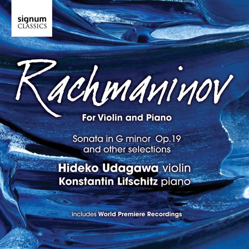 CD cover for Rachmaninoff violin and piano sonata, blue abstract design.