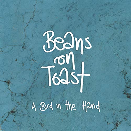 "Album cover with 'Beans on Toast' and 'A Bird in the Hand' on blue cracked background."