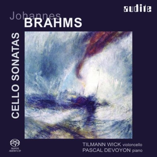 Dark blue CD cover with abstract painting and white text "Brahms Cello Sonatas".