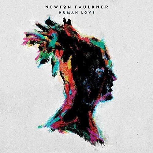"Album cover with a multicolored silhouette of a person's head on a white background."