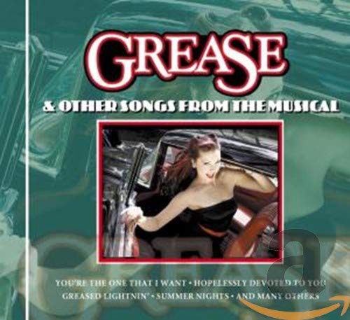 "CD cover for 'Grease' with a woman in a car, green background."